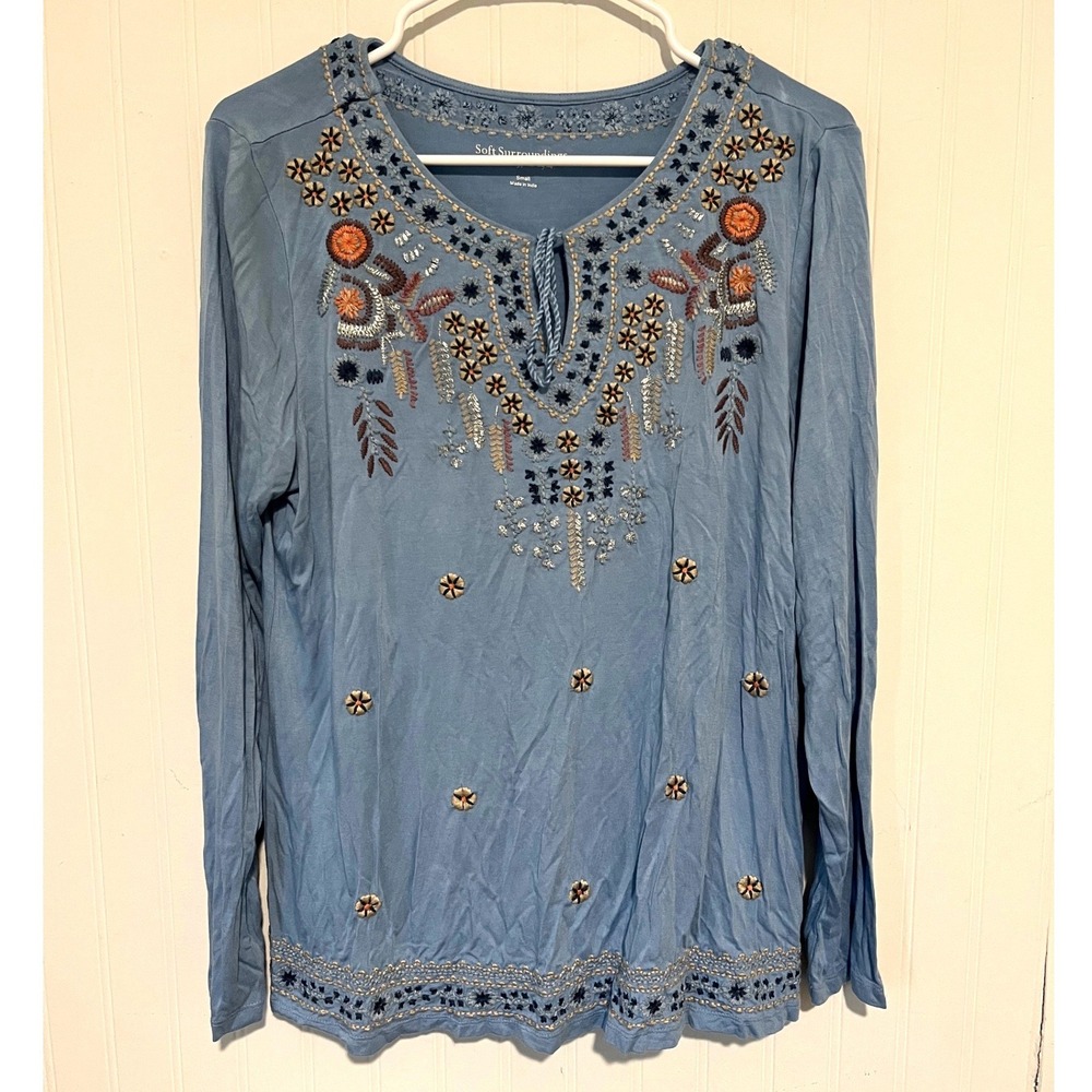 Soft Surroundings Top Womens Small Blue Embroidered Boho Long Sleeve
